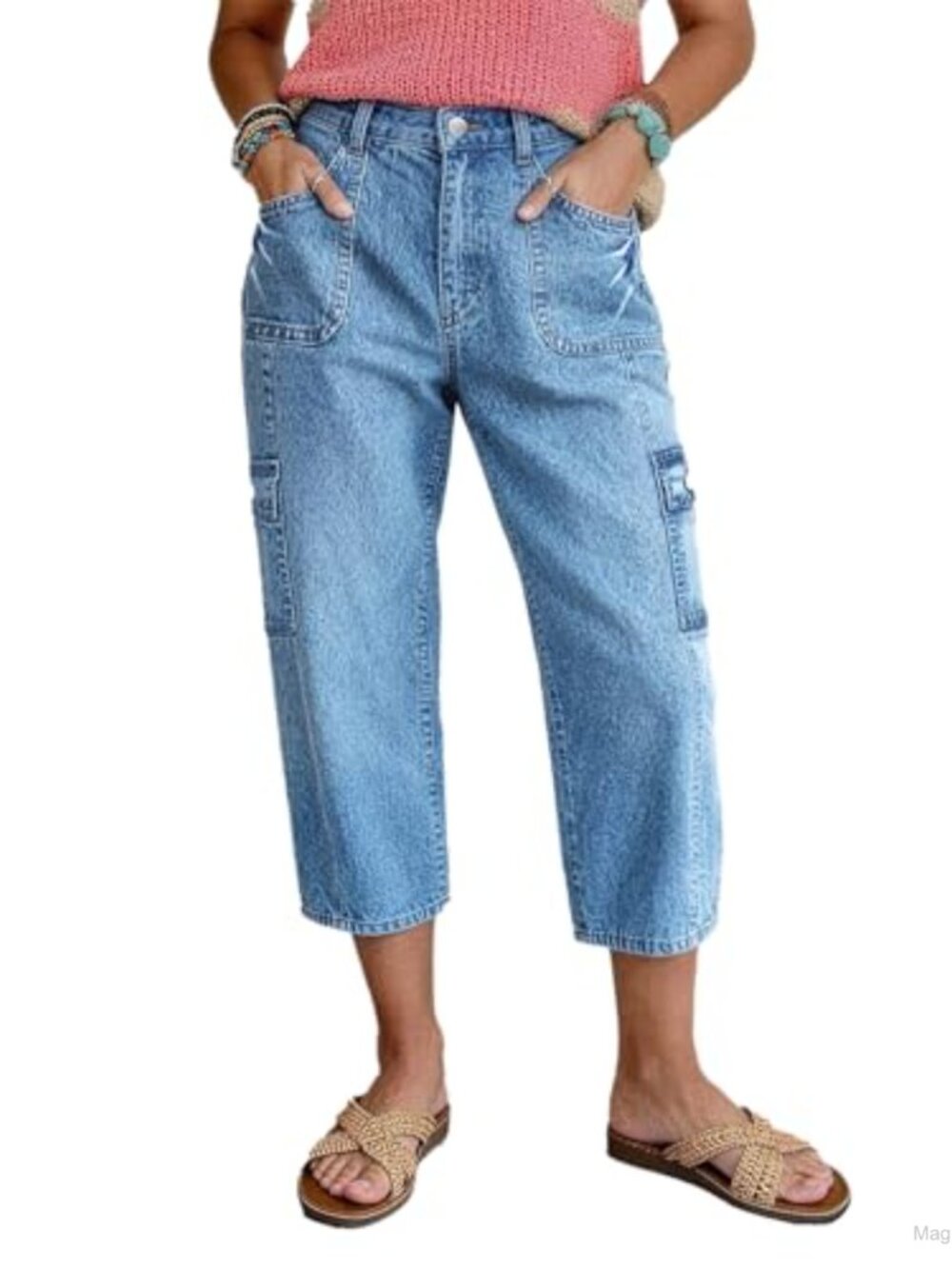 High Waist Straight Leg Crop Jeans Women Utility Flap Pockets Washed Denim 68%